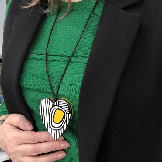 Black And White Striped Heart Necklace With Yellow Accent