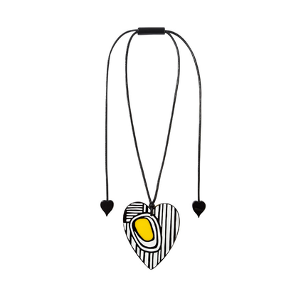 Black And White Striped Heart Necklace With Yellow Accent