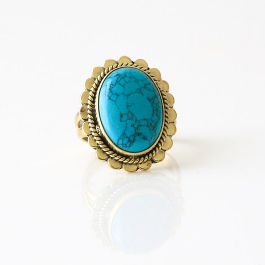 Adjustable Turquoise Ring Round, Blue Ring, Brass Ring, Turquoise Brass Ring