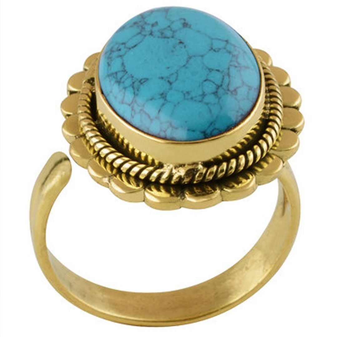 Adjustable Turquoise Ring Round, Blue Ring, Brass Ring, Turquoise Brass Ring