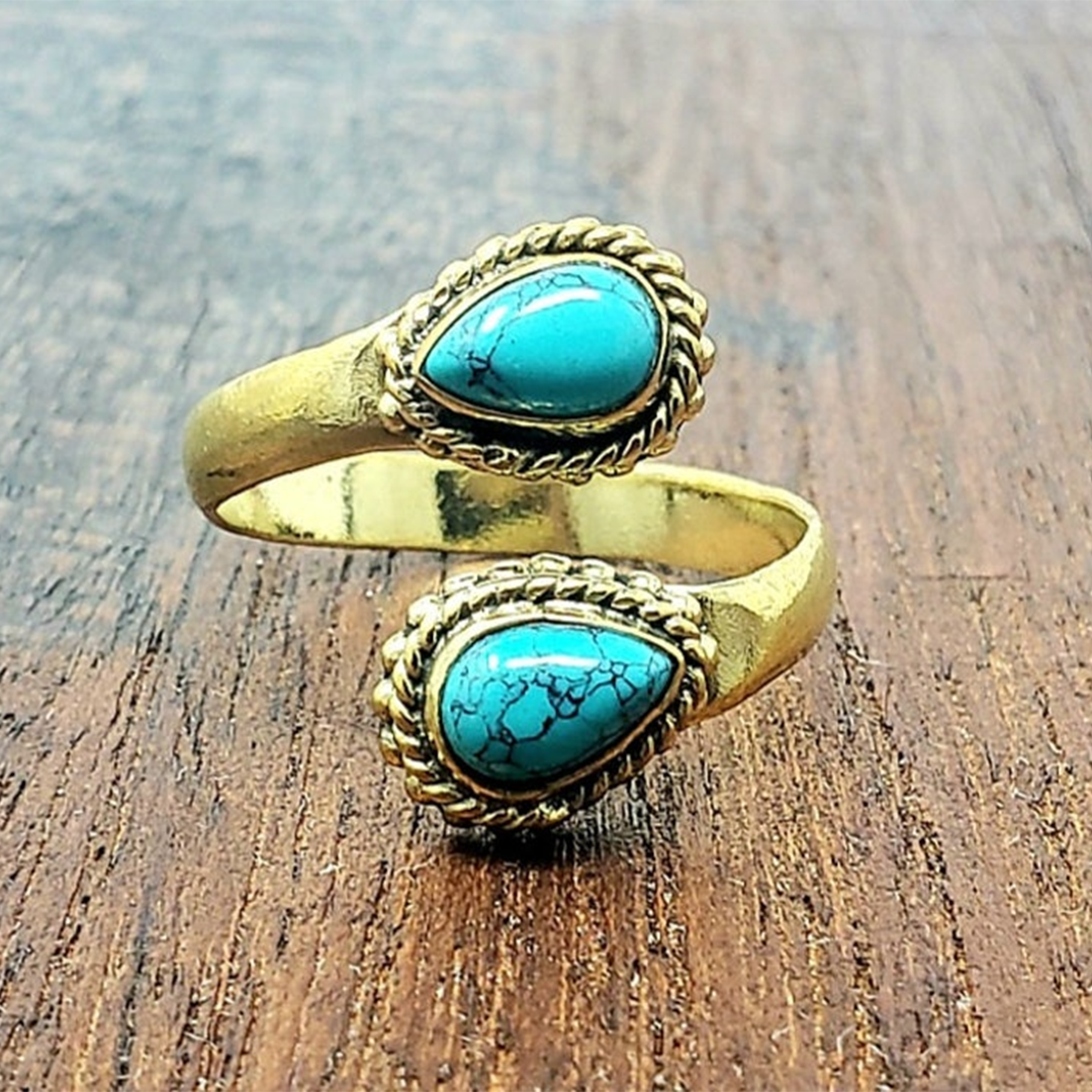 Adjustable Gold Turquoise Teardrop Ring